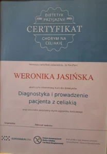 Certyfikat ukończenia kursu dla dietetyków "Diagnostyka i prowadzenie pacjenta z celiakią".