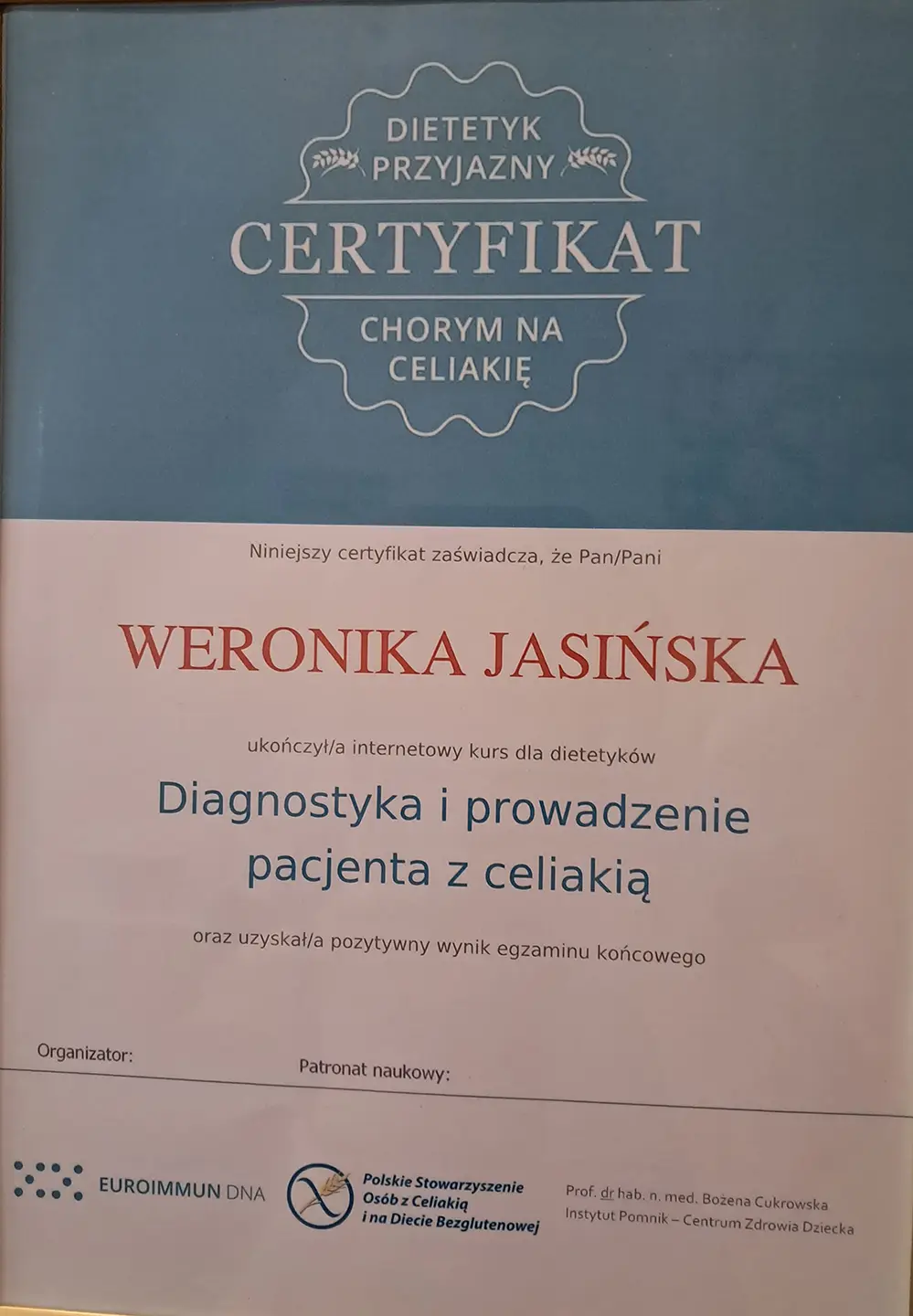 Certyfikat ukończenia kursu dla dietetyków "Diagnostyka i prowadzenie pacjenta z celiakią".