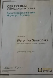 Certyfikat ukończenia szkolenia "Dieta wegańska dla osób aktywnych fizycznie".