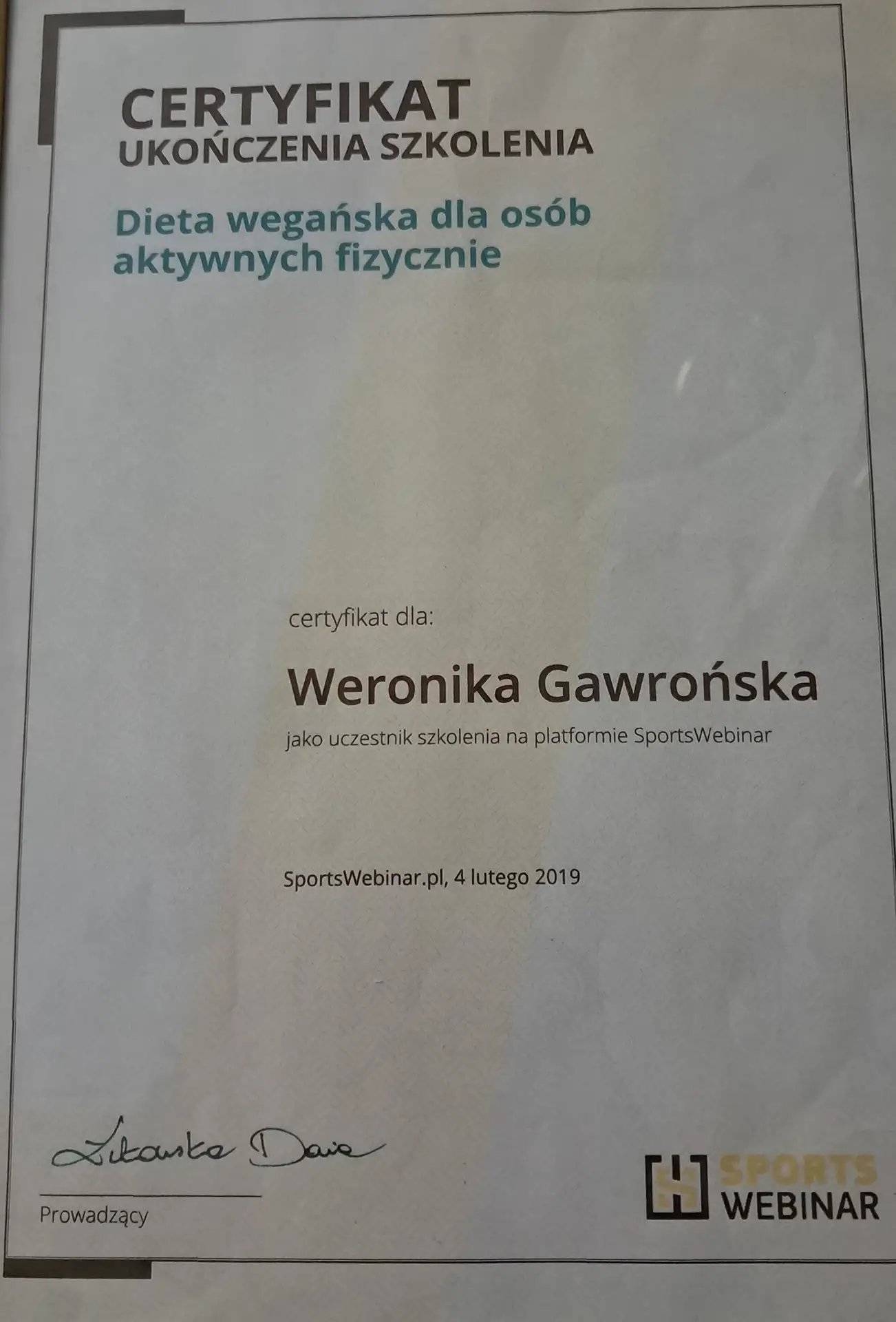 Certyfikat ukończenia szkolenia "Dieta wegańska dla osób aktywnych fizycznie".