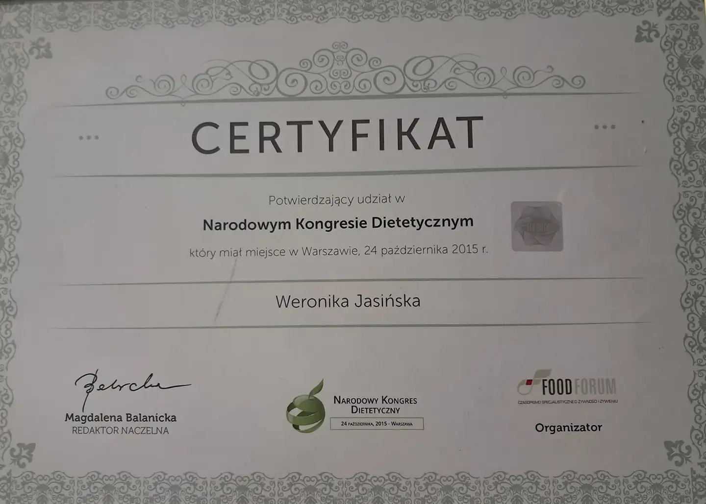Certyfikat udziału w Narodowym kongresie dietetycznym