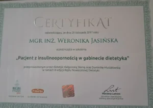 Certyfikat ukończenia szkolenia "Pacjent z insulinoopornością w gabinecie dietetyka"