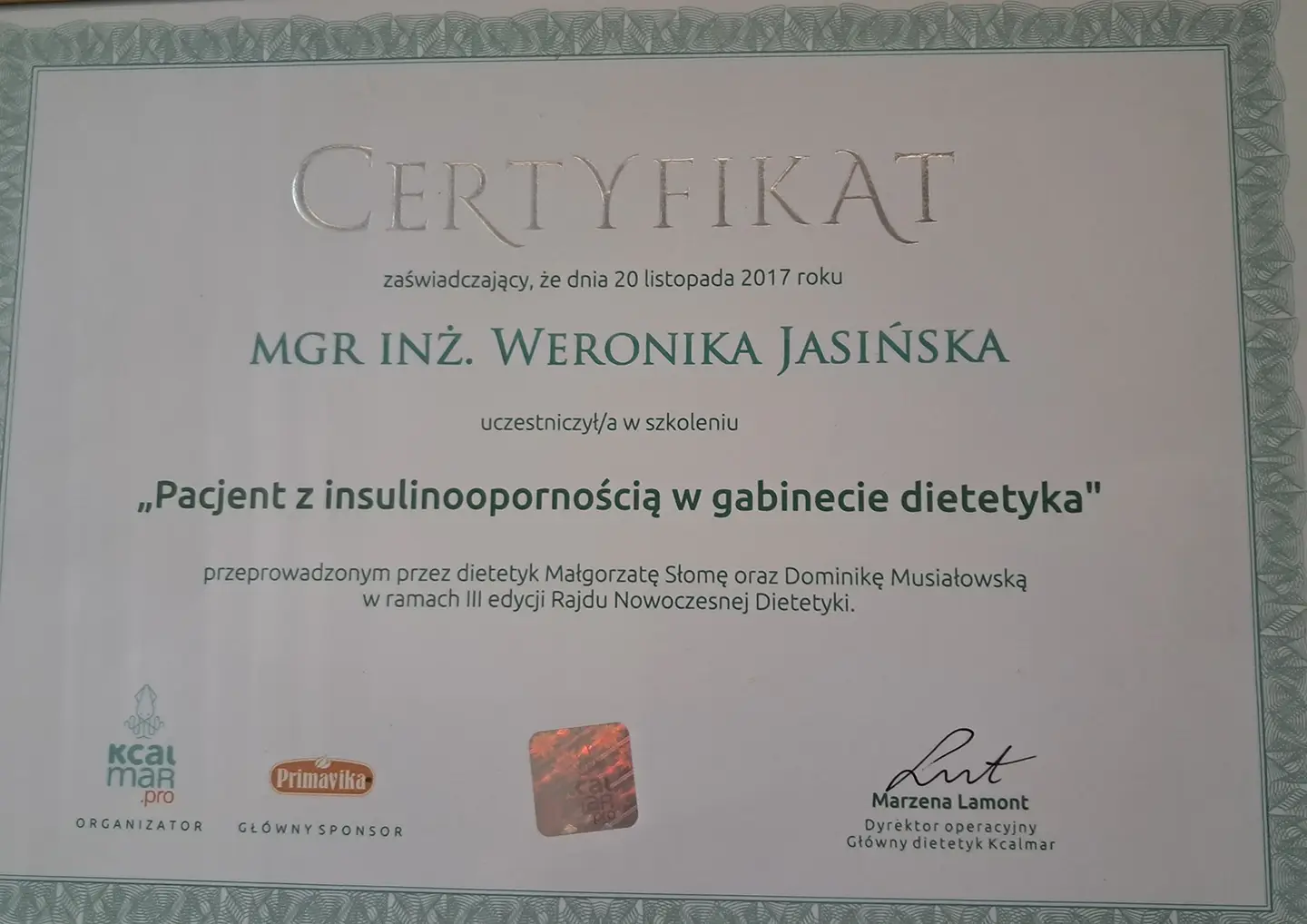 Certyfikat ukończenia szkolenia "Pacjent z insulinoopornością w gabinecie dietetyka"