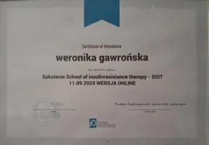 Certyfikat uczestnictwa webinar Fundacji insulinooporności - zdrowa dieta i zdrowe życie