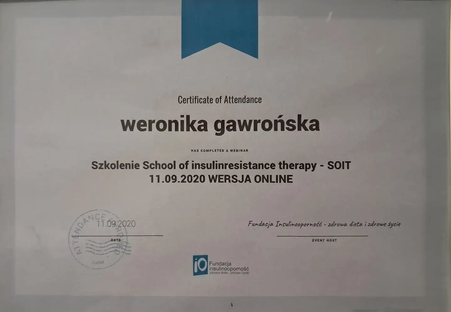 Certyfikat uczestnictwa webinar Fundacji insulinooporności - zdrowa dieta i zdrowe życie
