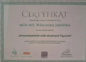 Certyfikat szkolenia Immunożywienie osób aktywnych fizycznie