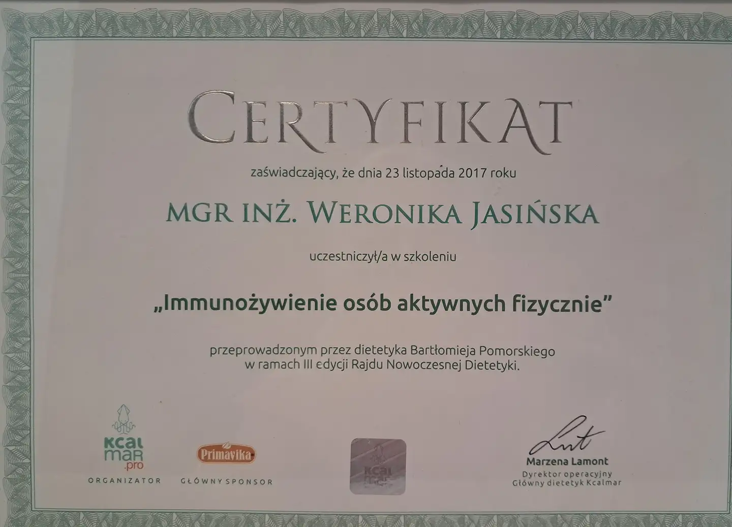 Certyfikat szkolenia Immunożywienie osób aktywnych fizycznie