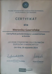Certyfikat ukończenia kursu "Leczenie żywieniowe dla członków zespołów żywieniowych"