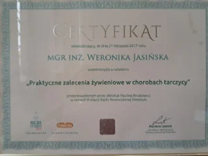 Certyfikat szkolenia Praktyczne zalecenia żywieniowe w chorobach tarczycy