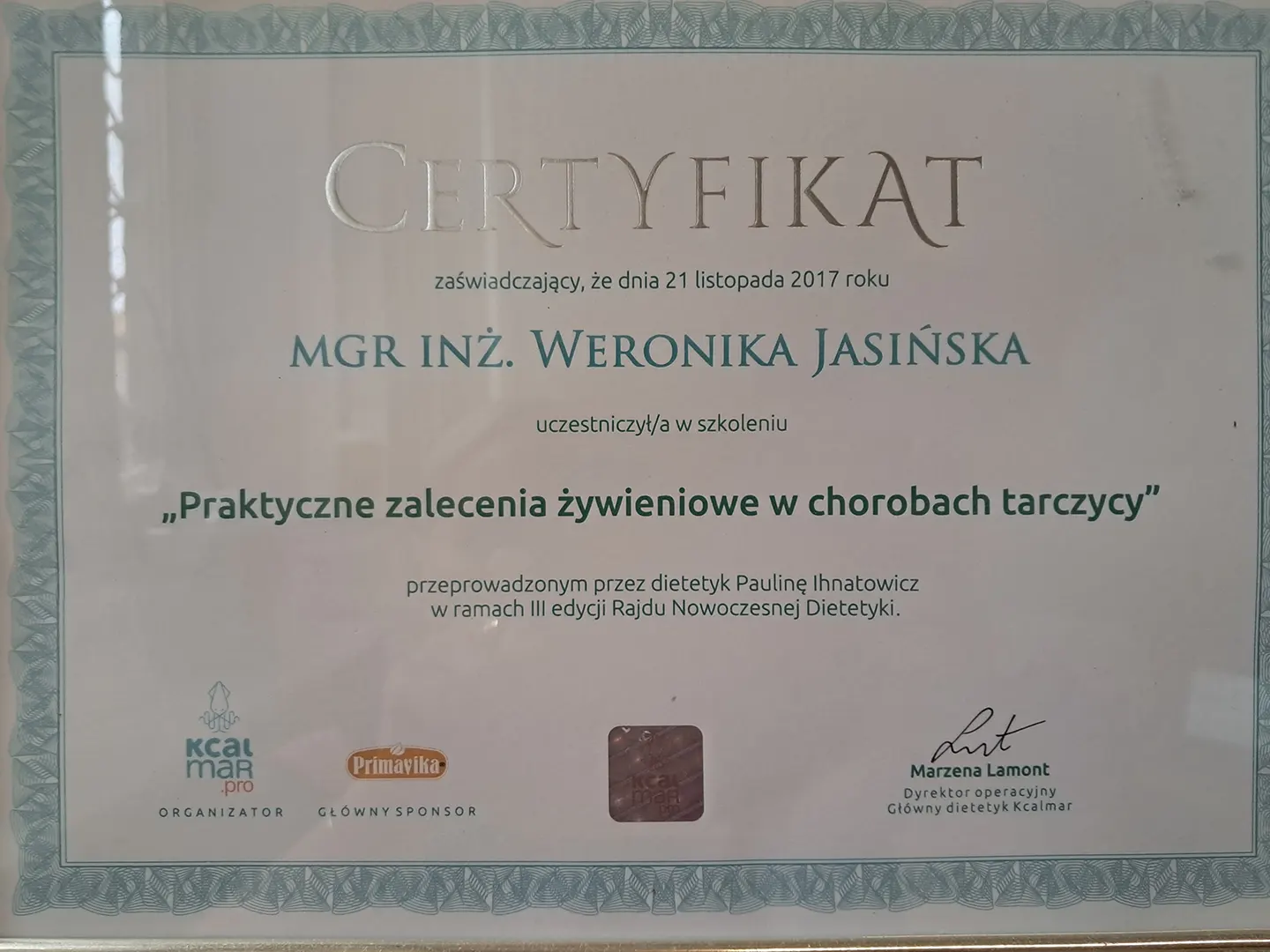 Certyfikat szkolenia Praktyczne zalecenia żywieniowe w chorobach tarczycy