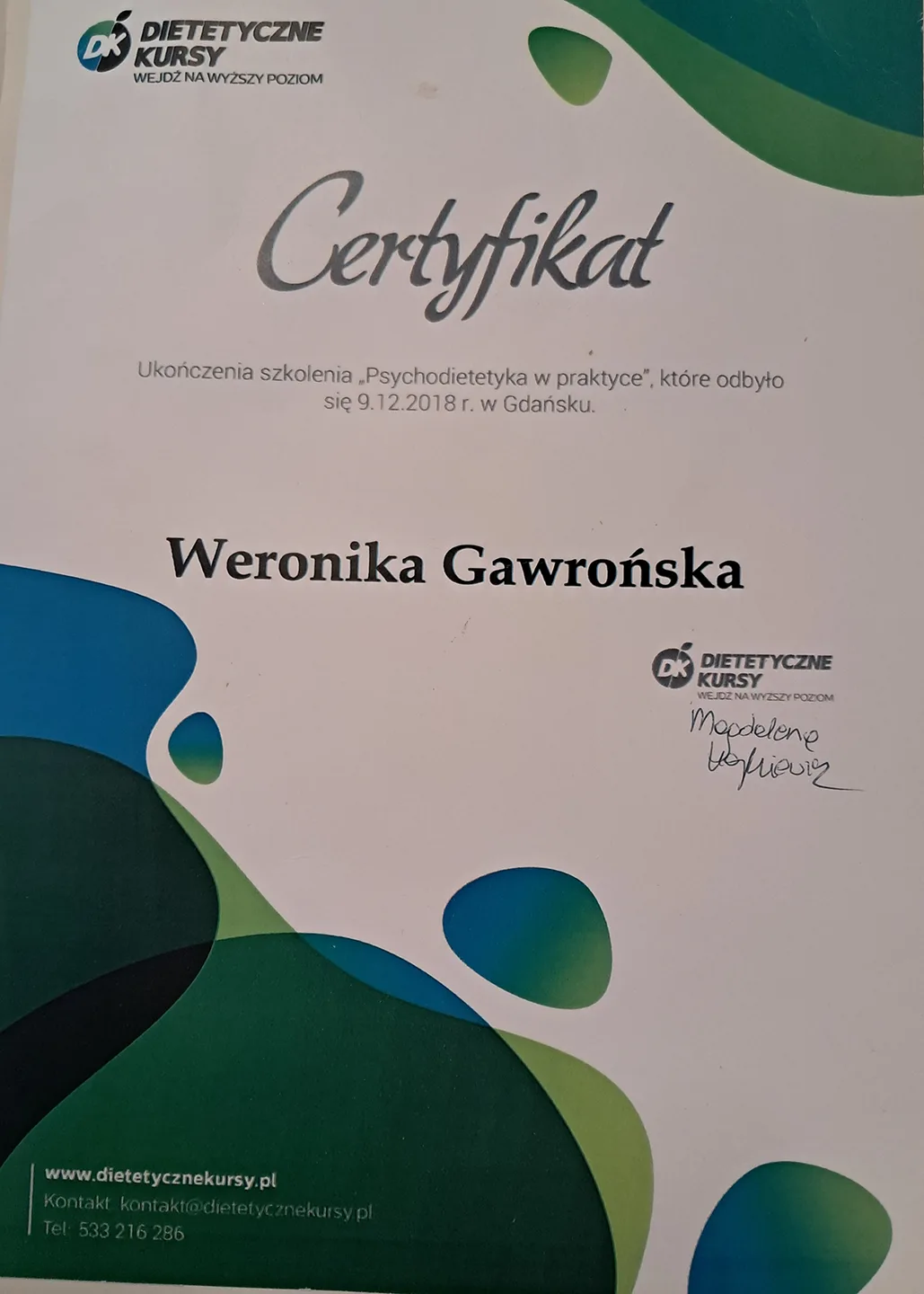 Certyfikat szkolenia Psychodietetyka w praktyce