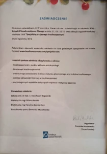 Zaświadczenie uzyskania tytułu Specjalista przyjazny insulinoopornym