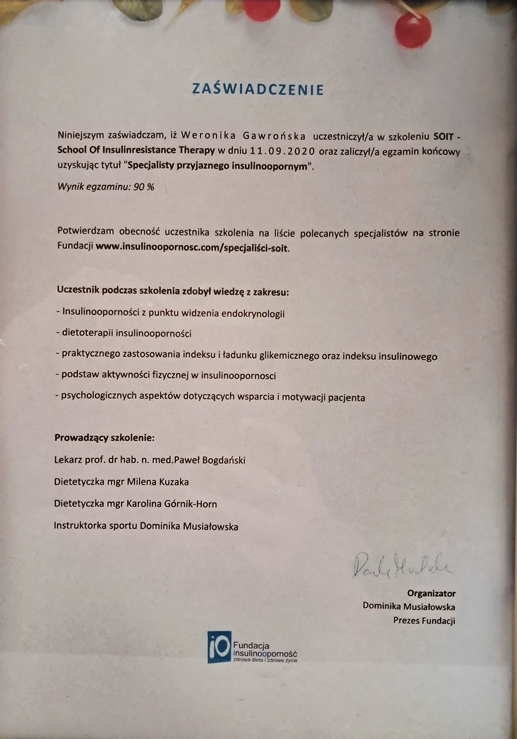 Zaświadczenie uzyskania tytułu Specjalista przyjazny insulinoopornym