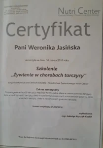 Certyfikat szkolenia Żywienie w chorobach tarczycy