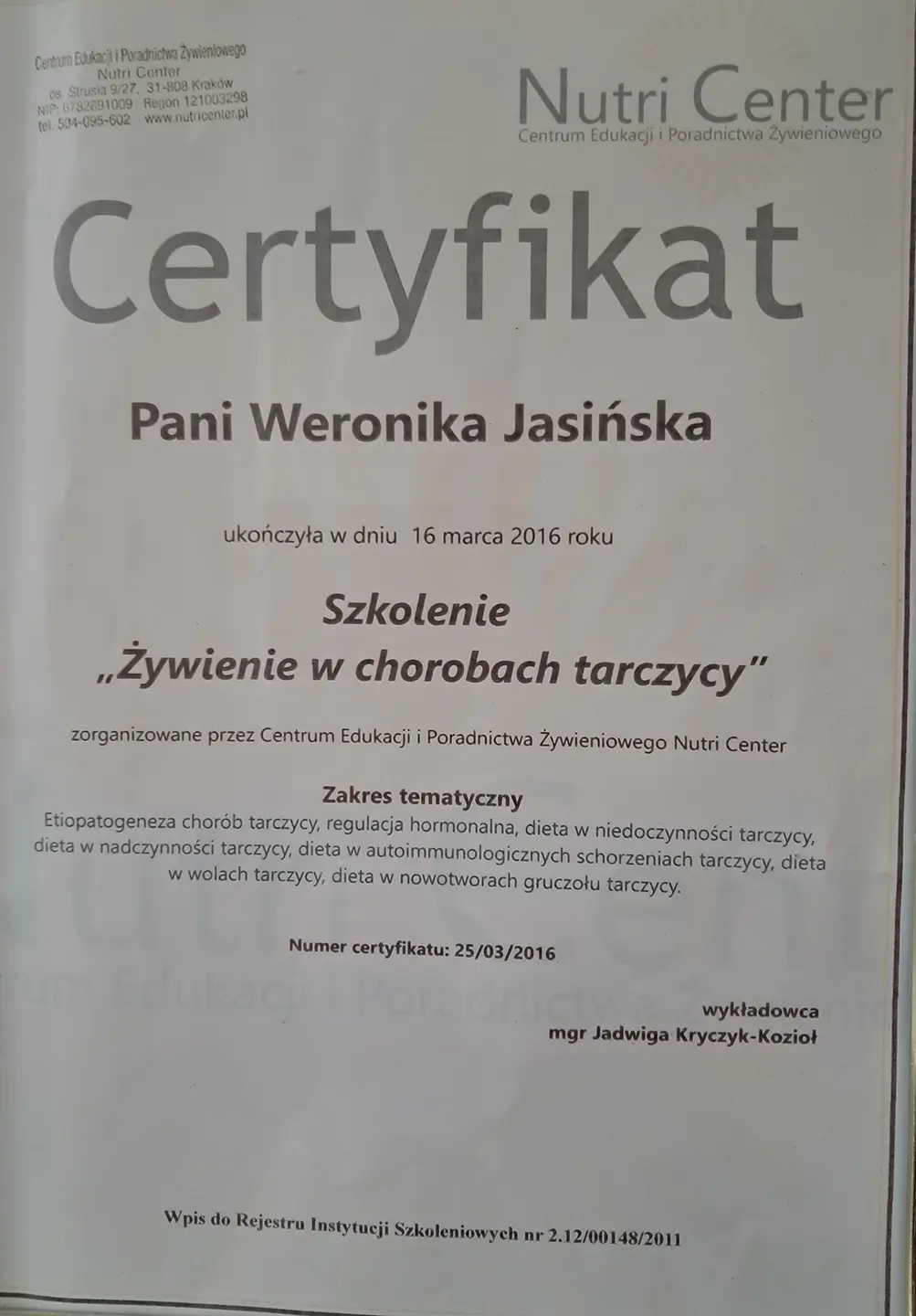 Certyfikat szkolenia Żywienie w chorobach tarczycy