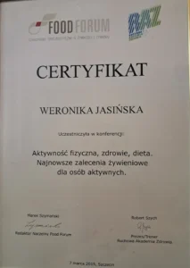 Certyfikat uczestnictwa w konferencji Aktywność fizyczna, zdrowie, dieta. Najnowsze zalecenia żywieniowe dla osób aktywnych.