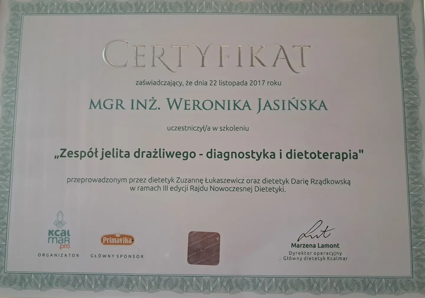 Certyfikat uczestnictwa w szkoleniu Zespół jelita drażliwego - diagnostyka i dietoterapia