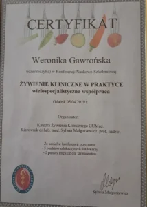 Certyfikat uczestnictwa w konferencji naukowo-szkoleniowej Żywienie kliniczne w praktyce