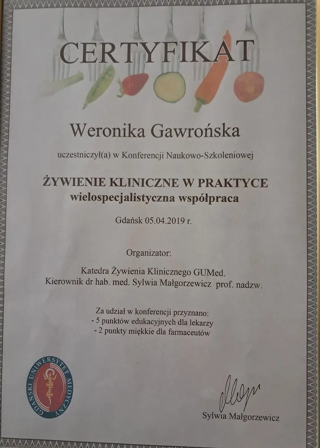 Certyfikat uczestnictwa w konferencji naukowo-szkoleniowej Żywienie kliniczne w praktyce