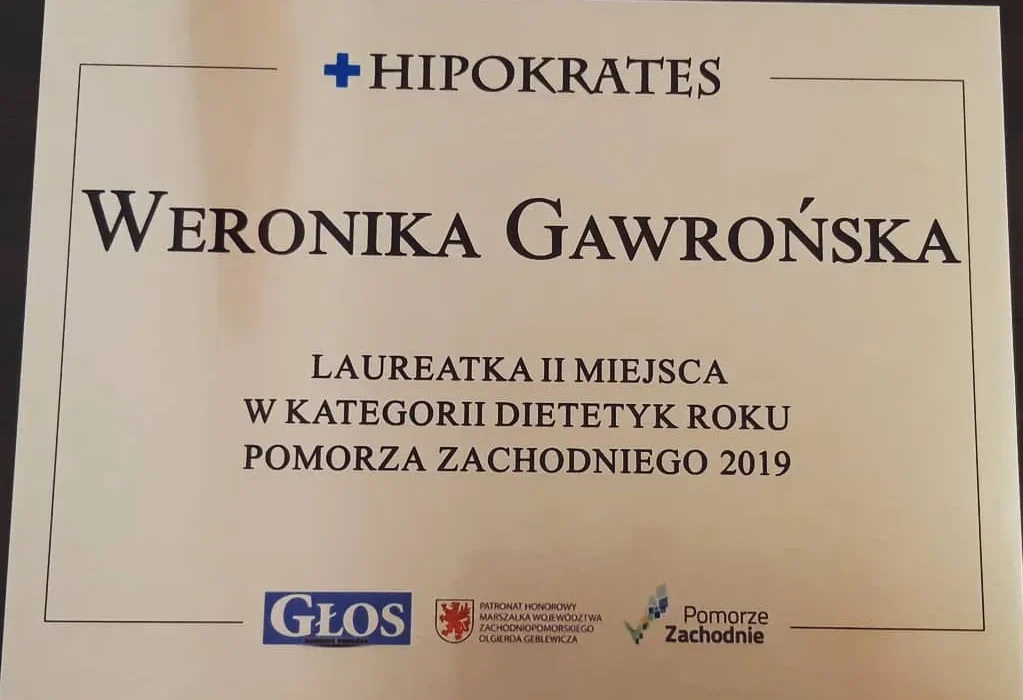 Dyplom zajęcie drugiego miejsca w konkursie Hipokrates 2019 w kategorii Dietetyk roku dla Weroniki Gawrońskiej
