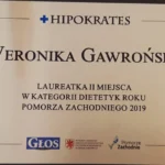 Dyplom zajęcie drugiego miejsca w konkursie Hipokrates 2019 w kategorii Dietetyk roku dla Weroniki Gawrońskiej