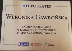 Dyplom zajęcie drugiego miejsca w konkursie Hipokrates 2019 w kategorii Dietetyk roku dla Weroniki Gawrońskiej