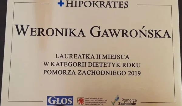 Dyplom zajęcie drugiego miejsca w konkursie Hipokrates 2019 w kategorii Dietetyk roku dla Weroniki Gawrońskiej