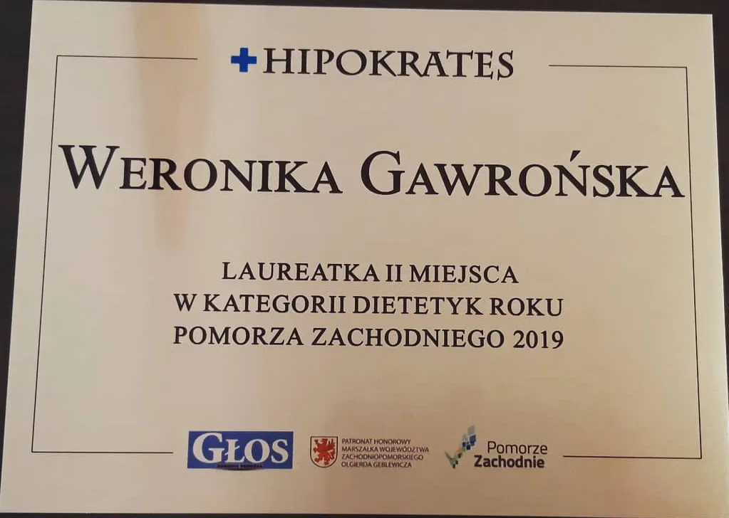 Dyplom zajęcie drugiego miejsca w konkursie Hipokrates 2019 w kategorii Dietetyk roku dla Weroniki Gawrońskiej
