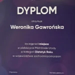 Dyplom zajęcie pierwszego miejsca w konkursie Mistrzowie urody w kategorii Dietetyk roku dla Weroniki Gawrońskiej