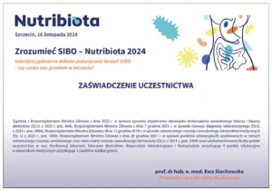 Zaświadczenie uczestnictwa dietetyka w warsztatach Zrozumieć SIBO poświęconych terapii SIBO