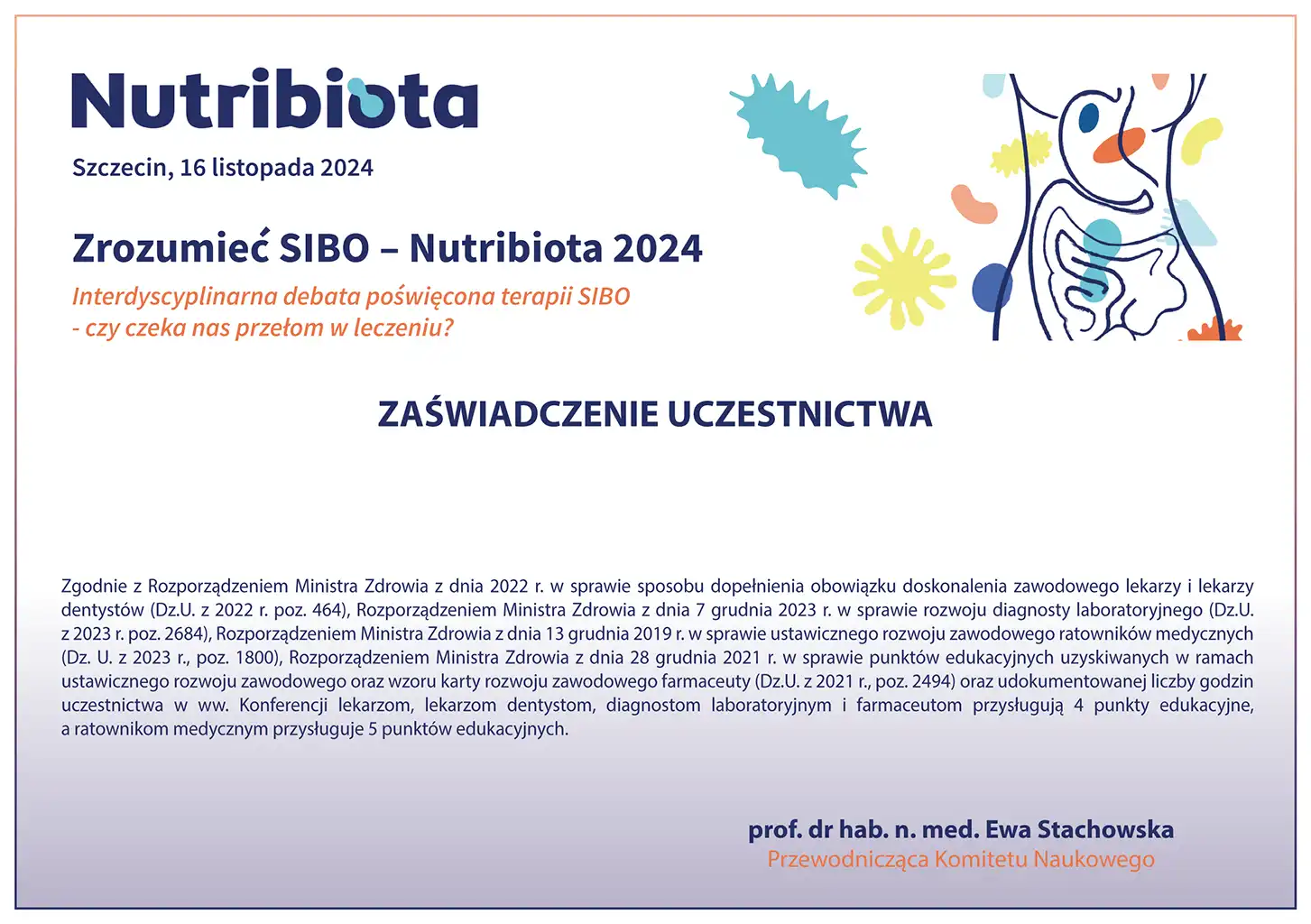Zaświadczenie uczestnictwa dietetyka w warsztatach Zrozumieć SIBO poświęconych terapii SIBO