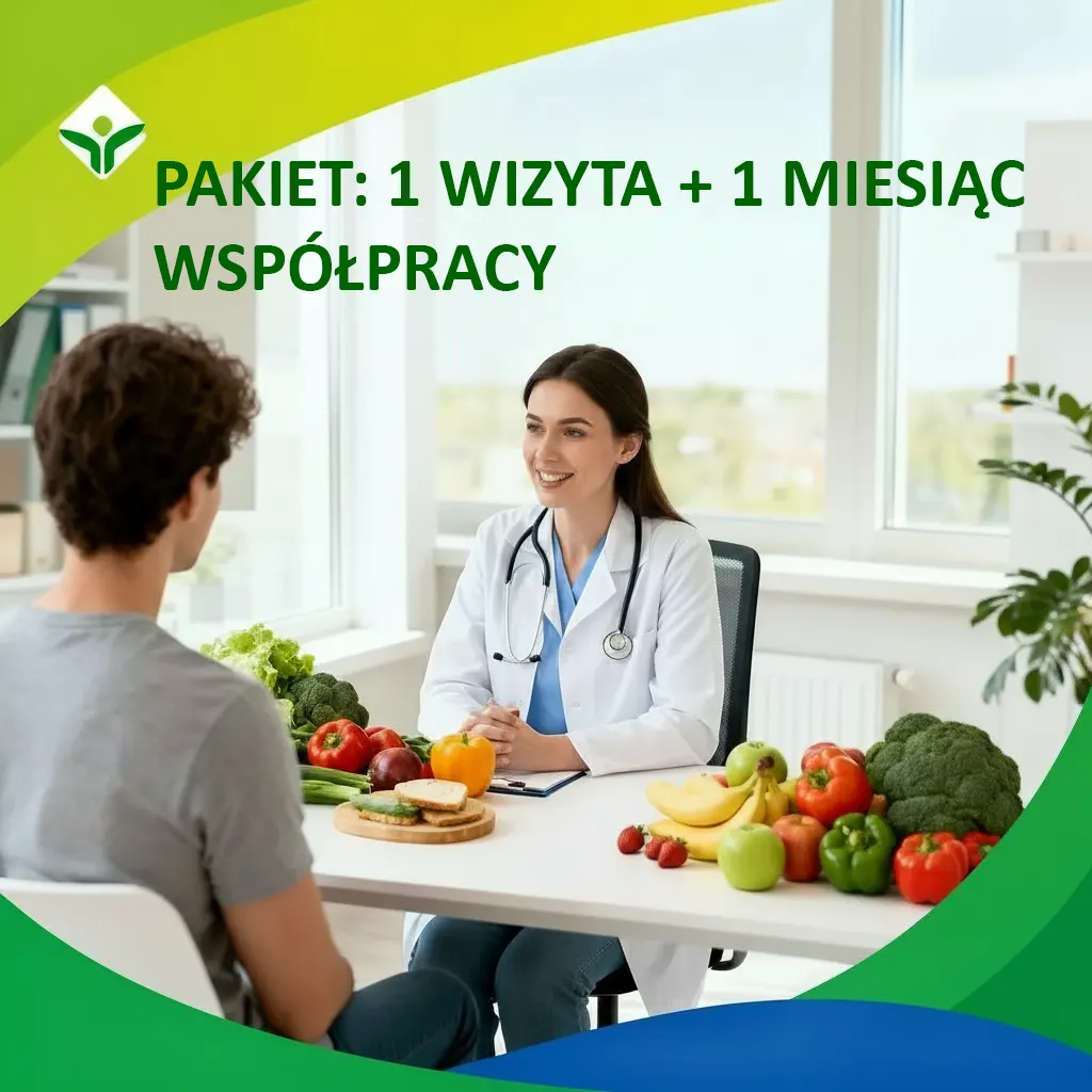 Okładka usługi gabinetu dietetycznego Pakiet zawierający pierwszą wizytę plus miesięczna współpraca z dietetykiem